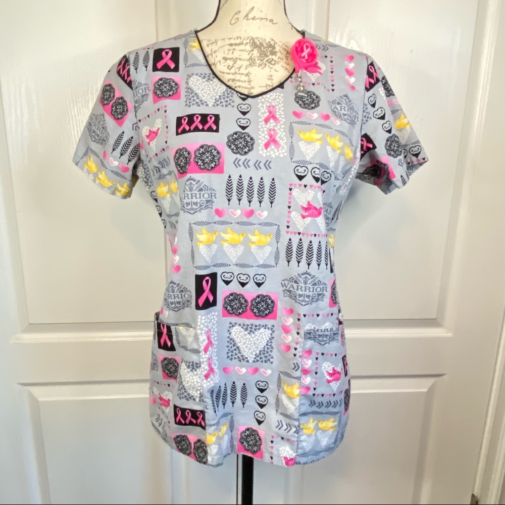 Warriors In Pink Scrub Top With Badge Holder Breast Cancer Awareness Medical Top